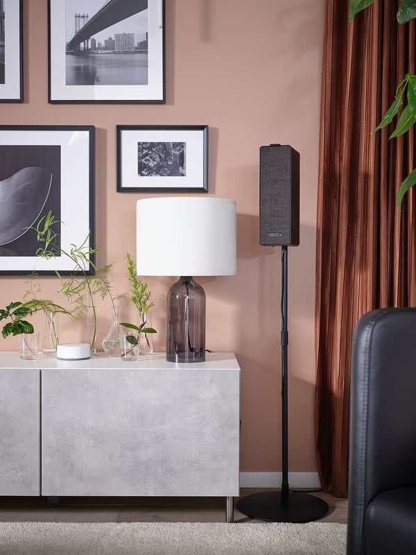 Modern room with pink walls, grey cabinet, lamp, plants, speaker, and photos.