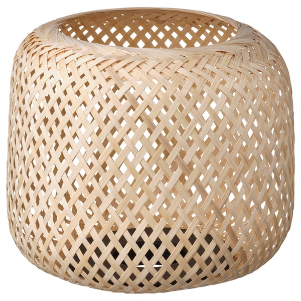 SYMFONISK bamboo lamp shade, natural, woven design, cylindrical shape.