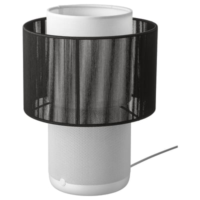 IKEA SYMFONISK wifi white speaker lamp with black shade, cylindrical.