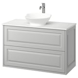 Tänforsen light grey vanity with marble top & round bowl sink. Wall-mounted, classic design with beveled edges.