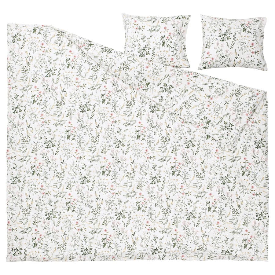 TIMJANSMOTT duvet cover and 2 pillowcases, white/floral pattern