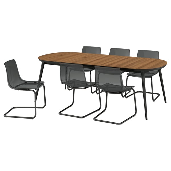 TJÄRKIL / TOBIAS Table and 6 chairs, black walnut veneer/grey black, 180/235/290 cm