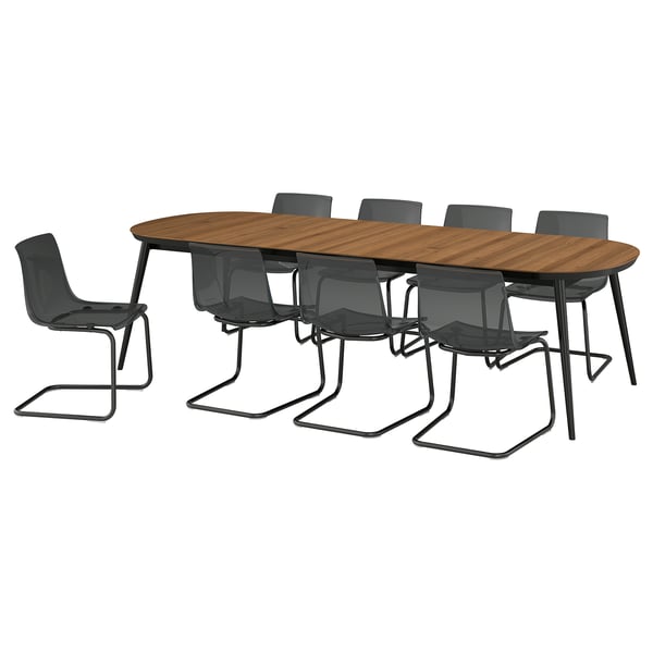 TJÄRKIL / TOBIAS Table and 8 chairs, black walnut veneer/grey black, 180/235/290 cm