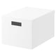 A white TJENA storage box with a paperboard handle, perfect for organizing desk items.