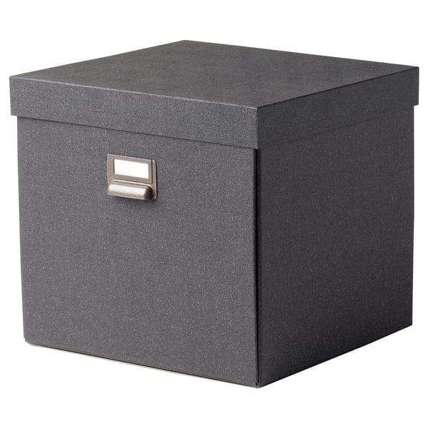 A grey TJOG storage box with a lid and a metal label holder on the front. It is rectangular and designed for organizing various items.