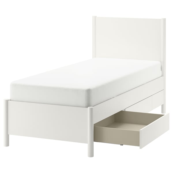 TONSTAD off-white bed with classic design, soft-close drawers, sturdy construction.