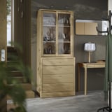 Wooden light brown cabinet with glass doors and drawers. Displays decorative items and organizes contents. Sleek design for modern spaces.