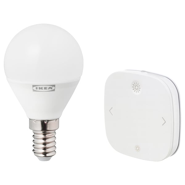 Led bulb & remote by ikea. White, round bulb with e14 base; white, rectangular remote with light/dim controls.