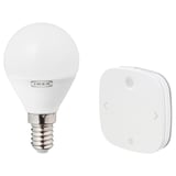 Led bulb & remote by ikea. White, round bulb with e14 base; white, rectangular remote with light/dim controls.
