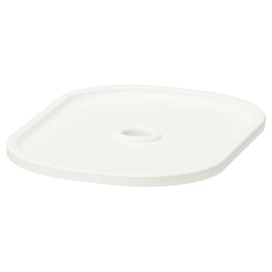 Is of a white, square TROFAST storage lid made from 50% recycled plastic. It a small vent and handle combination.