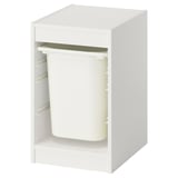 A white TROFAST kids organizer with a plastic bin and a green shelf.