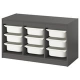 TROFAST grey storage unit with 12 white containers, organized in 3 columns.
