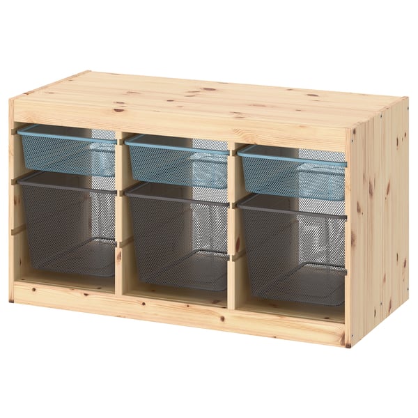 TROFAST storage unit, light pine, mesh gray bins, rectangular, open shelves.