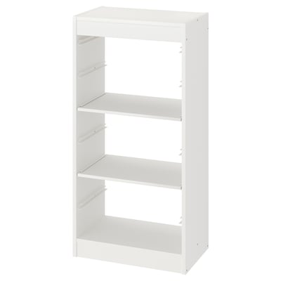 A white TROFAST unit with three open shelves and no boxes. The unit is made of particleboard and plastic, designed for kids storage.