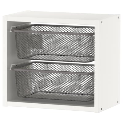 White TROFAST wall storage unit with two grey metal mesh bins.