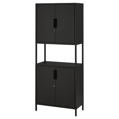 Black metal storage cabinet with two lockable doors, adjustable feet, and a 10-year guarantee.