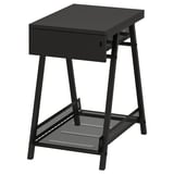 A black TROTTEN storage unit with a drawer and a mesh shelf, ideal for small and large items.