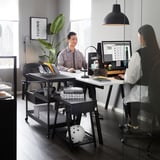 Modern office: two working, plants, light.