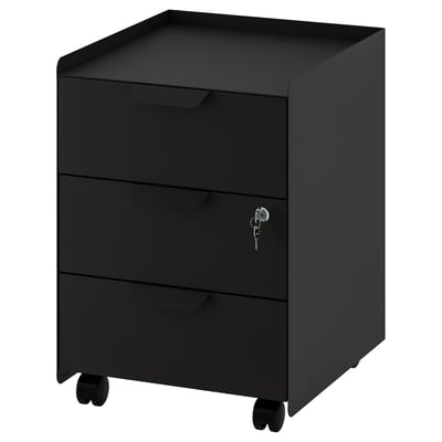 Black trotton mobile filing cabinet with 3 drawers and wheels.