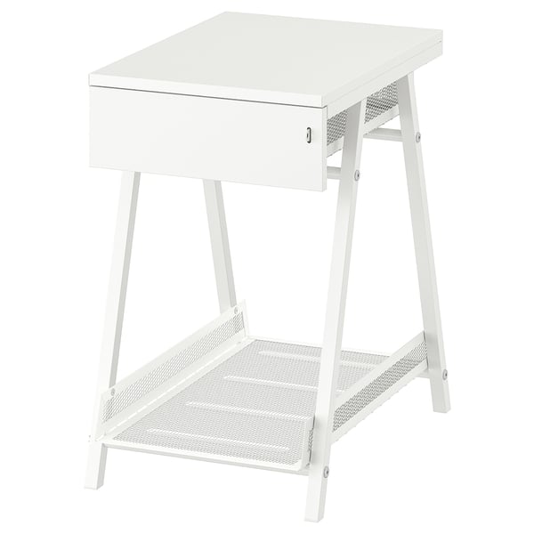 White trottan desk, rectangular, metal mesh shelf, one drawer, a-shaped legs.