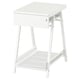 White trottan desk, rectangular, metal mesh shelf, one drawer, a-shaped legs.