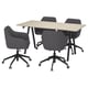 Option: Modern desk with four grey upholstered swivel chairs, black metal legs.
