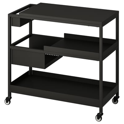 Black metal trolley with three shelves and wheels; practical and mobile for meetings or offices.