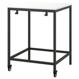 Trotted mobile table, black frame, white top, four wheels, modern design.
