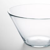 Clear glass bowl with smooth, curved edges. Transparent, reflecting light gently, showcasing sleek modern design.