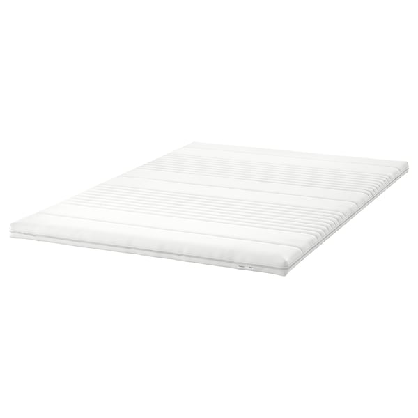 White mattress pad with memory foam, smooth design, polyester-cotton fabric, rectangle shape.