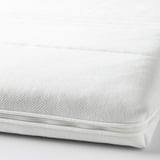 Close-up of a soft, white mattress pad with a textured surface, zipper, and smooth edges.