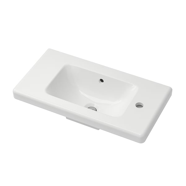 White TVÄLLEN ceramic sink. Deep bowl, rounded shape.