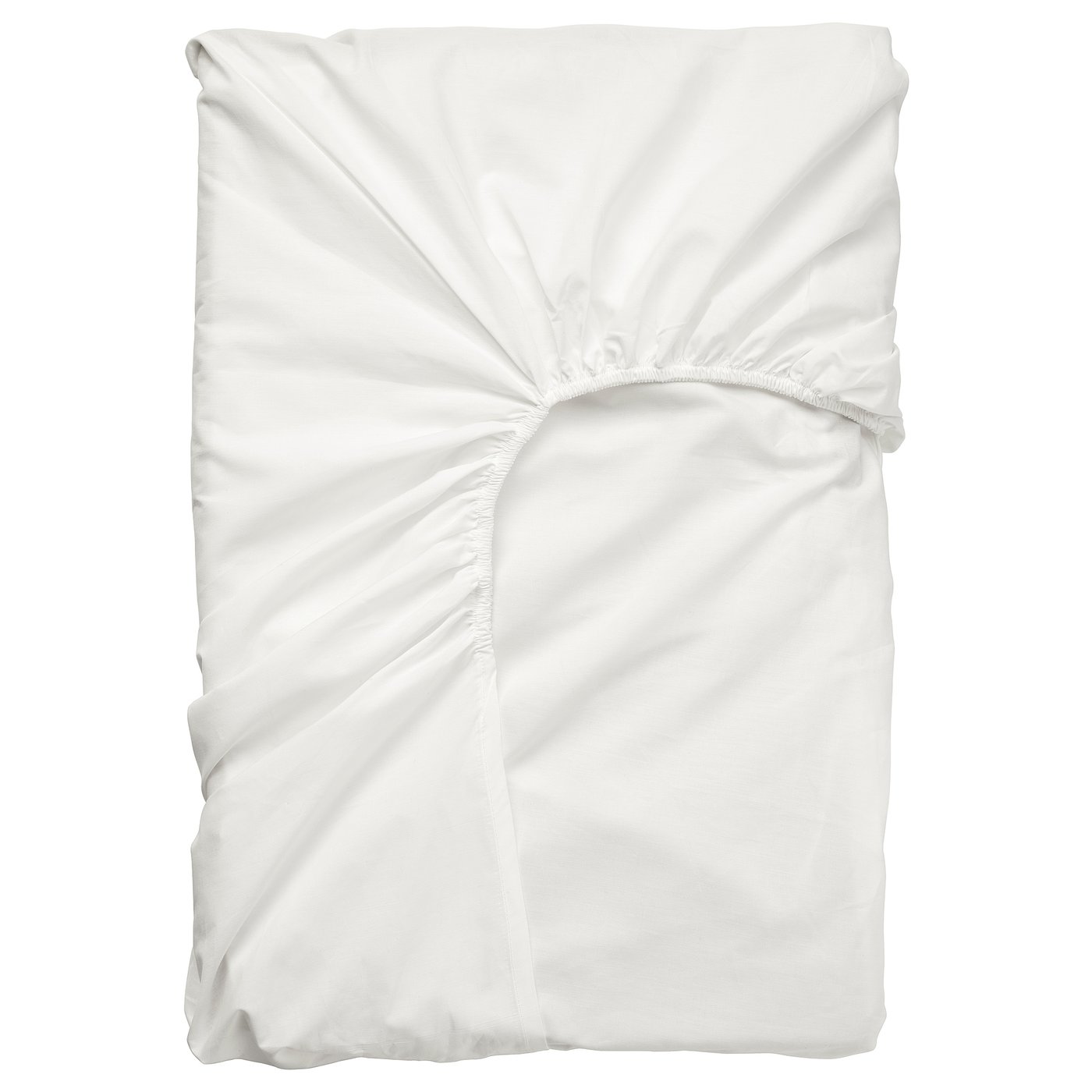Depicts a white ULLVIDE fitted sheet. Its rectangular, with elastic edging, and made of a cotton and lyocell blend.