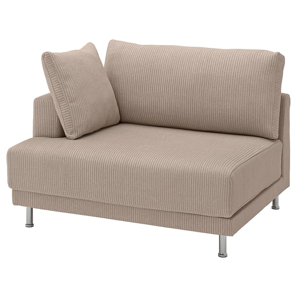 UPPÅKRA beige sofa, corduroy, right-arm, chrome legs, wide wale texture.