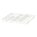 Three white plastic organizers from UPPDATERA series, shaped for maximera drawers, designed to fit 60 cm wide drawers.