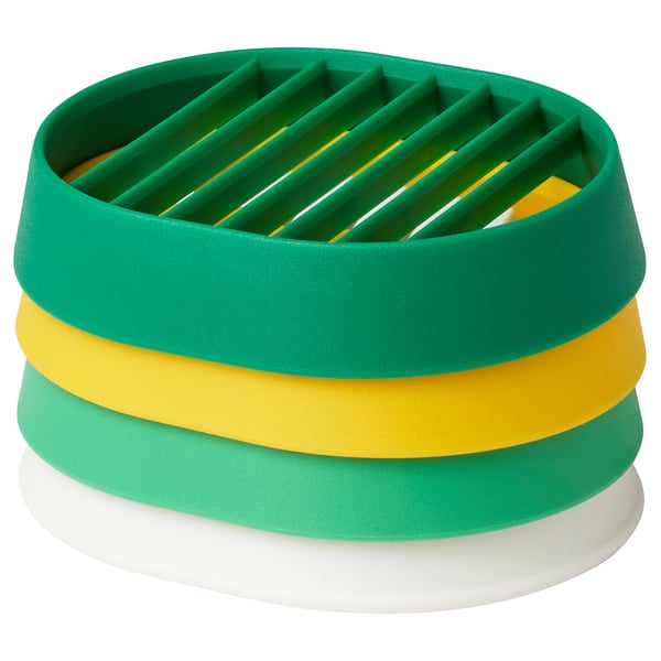 UPPFYLLD egg slicer set - green, yellow, white, interlocked, 3-slice shapes, plastic.