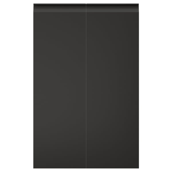 Black UPPLÖV cabinet doors with sleek, integrated handles and chamfered edges.