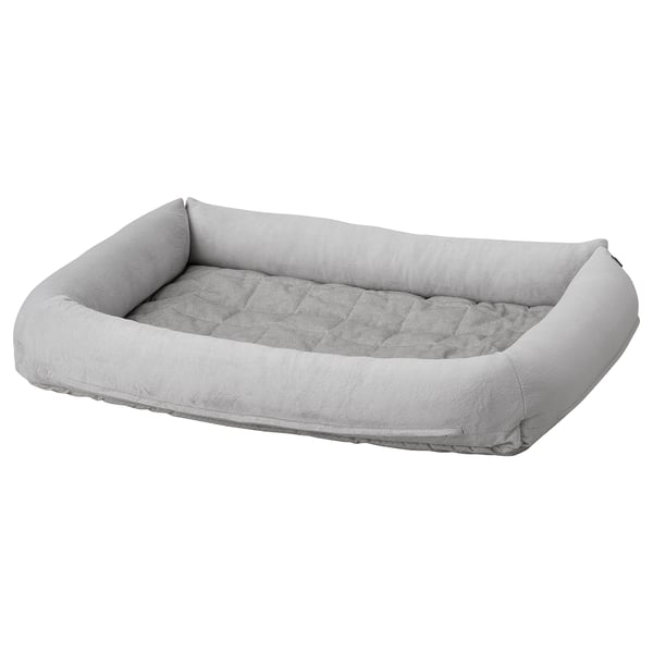 UTSÅDD grey dog bed, rectangular with bolster, soft recycled materials.