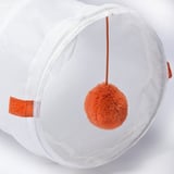 Flat-folding cat play tunnel, bright orange pompom toy inside, quality fabric.