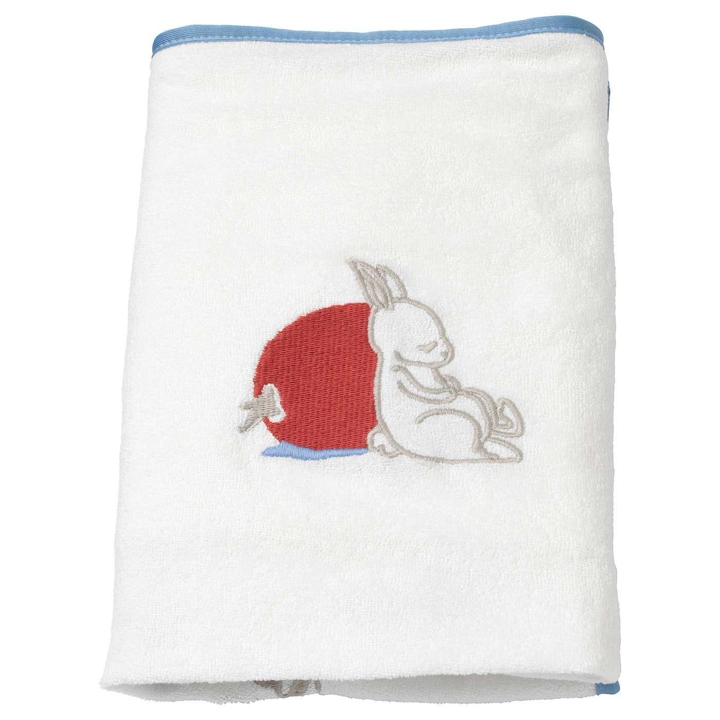 VÄDRA white bath towel with blue trim, red rabbit design, 80% cotton, 20% polyester.