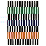 A rectangular VÄNDPLATS rug by tom hedqvist, featuring black, green, blue, and orange stripes, made of polypropylene.
