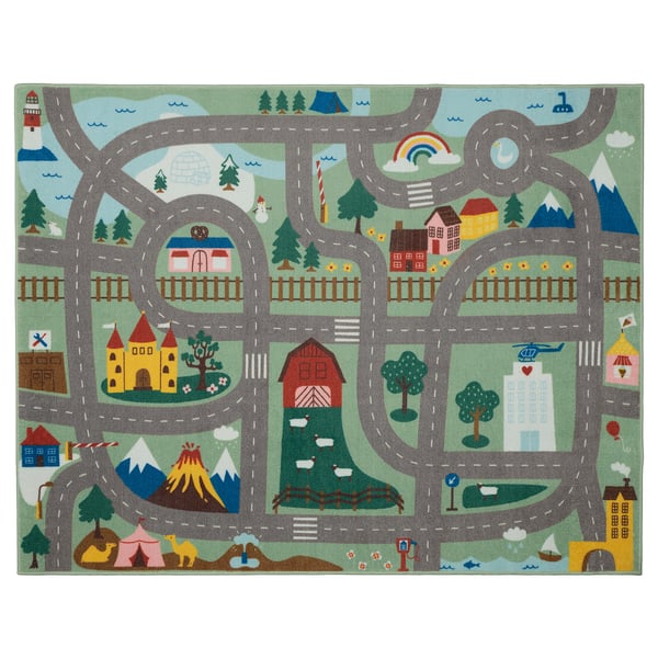 VALLABY kids rug: grey roads, green background, colorful structures, city, nature scenes, educational play mat.