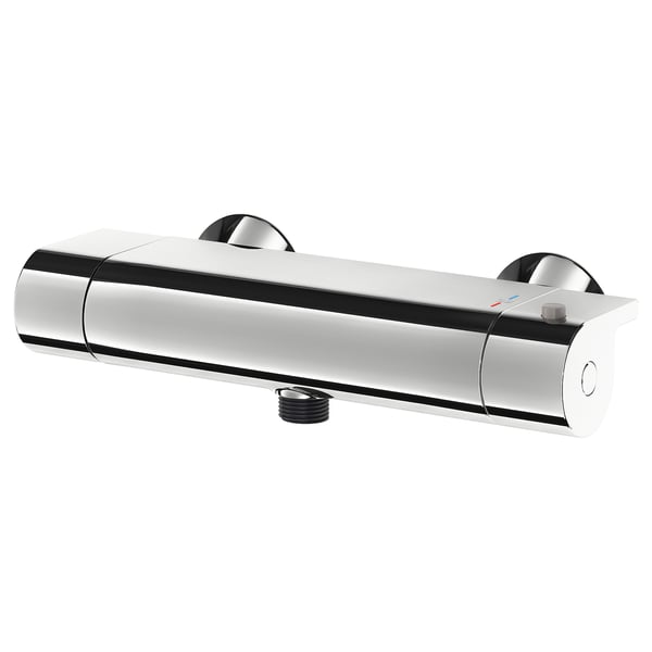 A chrome-plated VALLAMOSSE thermostatic shower mixer with a sleek, elongated design and a safety stop button.