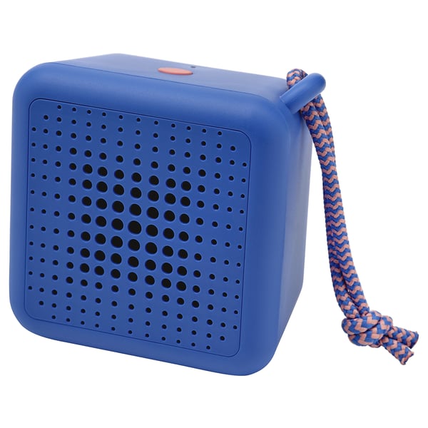 This image shows a blue, square-shaped VAPPEBY speaker with a colored rope handle. It has a waterproof, portable design with a dot-patterned front.