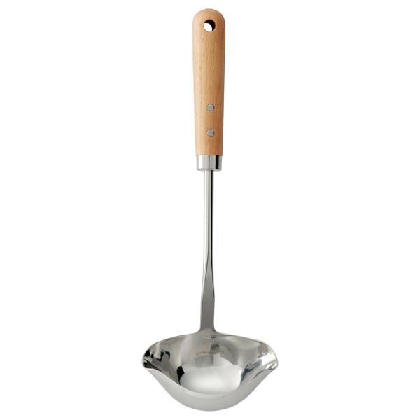 A VARDAGEN ladle with a wooden handle and stainless-steel bowl, designed for easy pouring from either side.