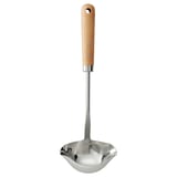 A VARDAGEN ladle with a wooden handle and stainless-steel bowl, designed for easy pouring from either side.