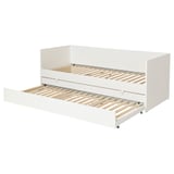 A white ikea VIHALS daybed with a trundle. It has a clean, modern design with visible slats and caster wheels.