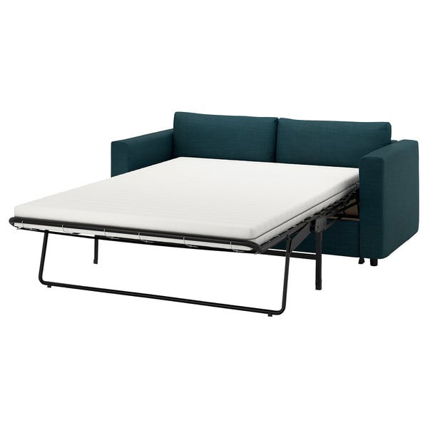 VIMLE teal convertible sofa with white mattress, metal base, for comfort and versatility.