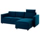 VIMLE teal sectional sofa, l-shaped, velvety fabric, headrests, storage chaise.