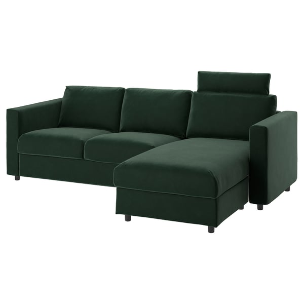Dark green VIMLE sectional sofa with chaise and headrest.